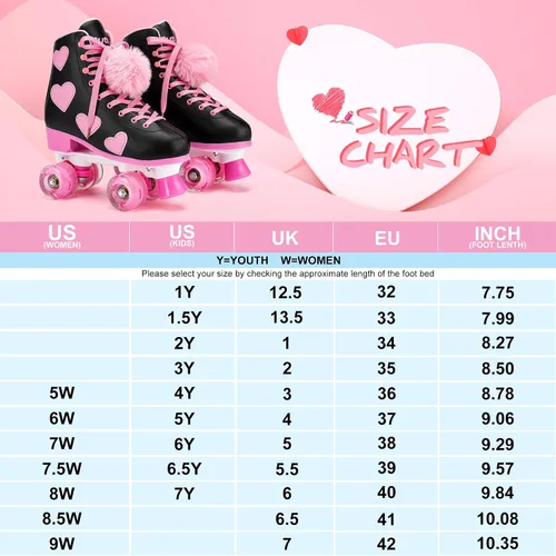 Miniatura 6 de Ruthfot Patines clásicos para mujeres y niñas con ruedas iluminadas y patrón de corazón de amor, patines de cuero PU de caña alta.. Negro