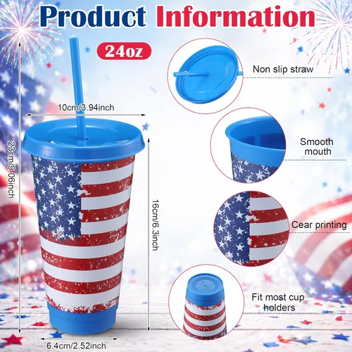 Miniatura 4 de Honeydak 30 Pcs 24 oz Patriotic Party Cups Gifts Bulk 4th of July Cups 250th Independence Day American Flag Tumbler with Straw and Lid Red White