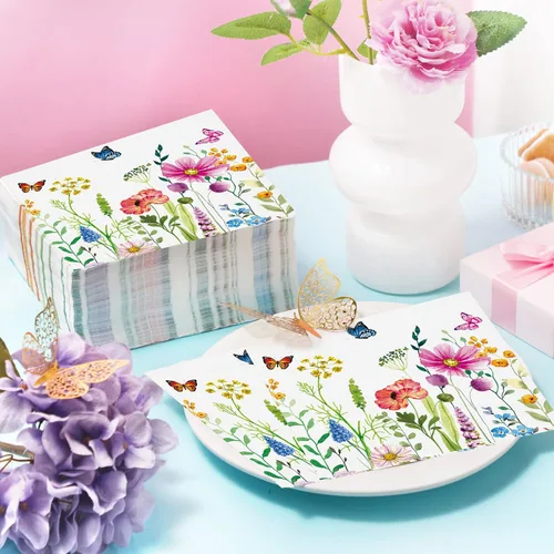 Miniatura 6 de Teling 100 servilletas de papel florales, 3 capas desechables para invitadas/servilletas de cóctel, servilletas de fiesta de flores silvestres