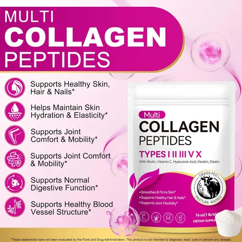 Miniatura 2 de Polvo de péptidos de colágeno múltiple - Tipos I, II, III, V, X - Alimentado con pasto, criado en pastos - Apoya la piel, el cabello, las uñas