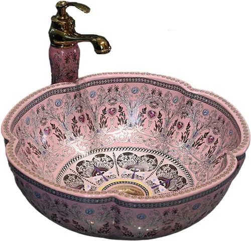 Miniatura 7 de Fregaderos de baño estilo sureste asiático en color rosa, fregadero de cerámica artística para encimera de tocador, sobre encimera plateado