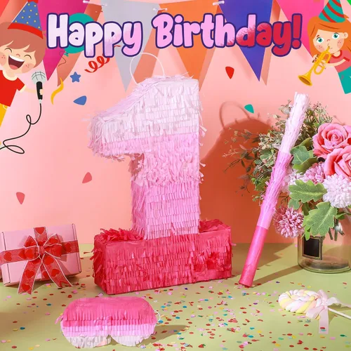Miniatura 6 de Sratte Piñata con números de piñata rosa, decoraciones de cumpleaños, degradado con palo, confeti para niñas y niños, suministros de decoración