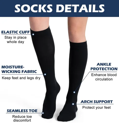 Miniatura 4 de (3 pares) Calcetines de compresión 20-30 mmHg, calcetines largos hasta la rodilla para mujeres y hombres, soporte atlético, para viajes y uso diario