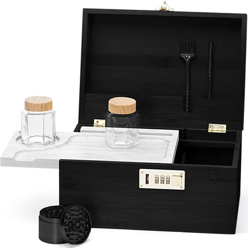 Miniatura 7 de Youpehom Caja grande de bambú, caja de almacenamiento decorativa con cerradura de combinación, caja de madera con cerradura y tapa, caja
