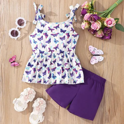 Miniatura 3 de zarmfly Conjunto de ropa de verano para niñas pequeñas, conjunto de 2 piezas con nudo de corbata, hombros descubiertos, sin mangas, con volantes