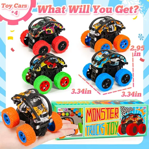 Miniatura 5 de SevenQ Monster Truck - Juguetes de coches para niños, paquete de 4 coches de carreras, recuerdos de fiesta para niños, empujar y avanzar, coches