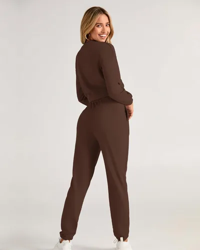 Miniatura 84 de BTFBM Conjunto deportivo de 2 piezas para mujer, camiseta corta de manga larga, sin botones, pantalón con cordón ajustable, pantalones deportivos