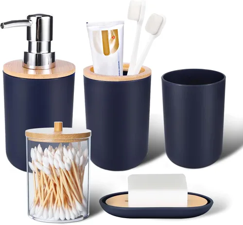 Miniatura 11 de iMucci Juego de accesorios de baño de 5 piezas, juego de baño de mar, soporte para cepillos de dientes, taza para cepillos de dientes, dispensador