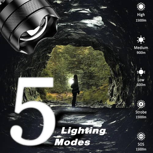 Miniatura 3 de ISUNMEA Linterna Recargable Potente, 2 Unidades de Linternas LED Potentes con Zoom de 1500LM Lúmenes Altos con 5 Modos Impermeable Linterna de Mano