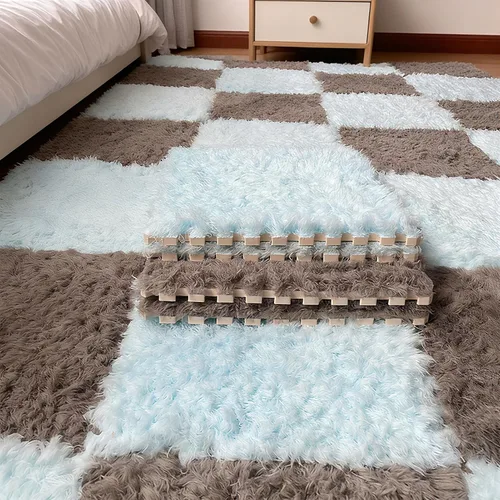 Miniatura 3 de Tapete de espuma de felpa gruesa que se entrelaza, 24 piezas de 12 x 12 pulgadas, tapete cuadrado esponjoso de espuma de rompecabezas con bordes
