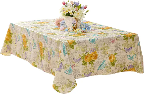 Miniatura 8 de Newbridge Claudette - Mantel de vinilo con parte trasera de franela de vinilo amarillo pastel, cuadrado de 52 x 52 pulgadas, rosas y mariposas