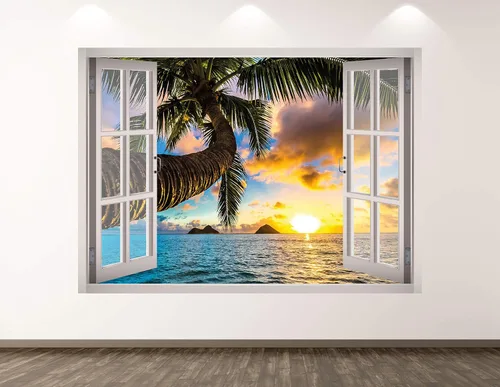 Calcomanía de pared con diseño de puesta de sol y playa, decoración 3D, ventana tropical, océano, mural, habitación de niños, regalo personalizado