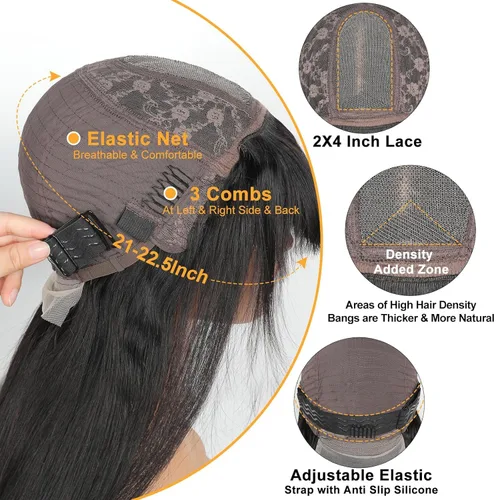 Miniatura 6 de Straight Human Hair Wigs with Bangs 180% Density 2x4 Lace Front Wigs with Bangs Closure Wear and Go Glueless Wigs 100% Brazilian Virgin Human Hair