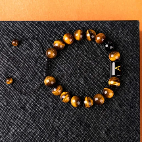 Miniatura 5 de FRG Brazalete con letra inicial del nombre, hecho a mano, las cuentas son de ónix negro u ojo de tigre, la cuerda es trenzada, un brazalete lleno