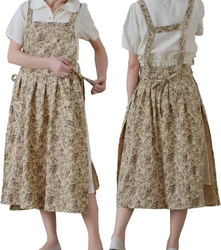 Miniatura 9 de Pinafore - Delantal, de lino y algodón japonés, con espalda cruzada para mujer, con bolsillos, vestido con lazos en la cintura (negro)
