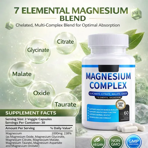 Miniatura 2 de Complejo de magnesio para mujeres y hombres, 1000 mg, magnesio 7 en 1 (glicinato, citrato y malato) para apoyo al sueño, alivio del estrés