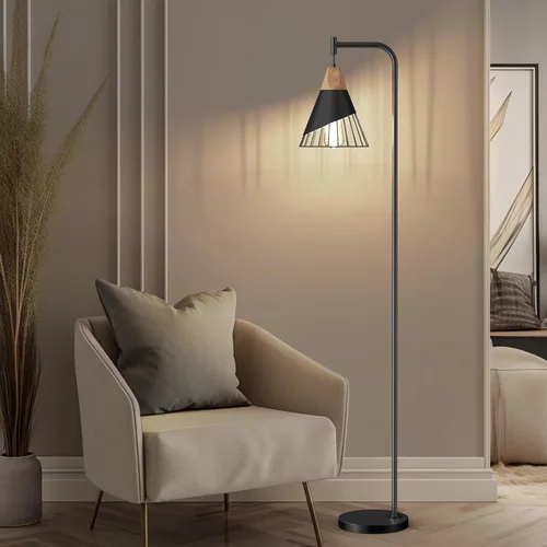 Miniatura 2 de Lámpara de pie industrial de 67" con pantalla de madera y metal negro, lámpara de pie moderna, lámpara alta rústica de estilo granja para sala