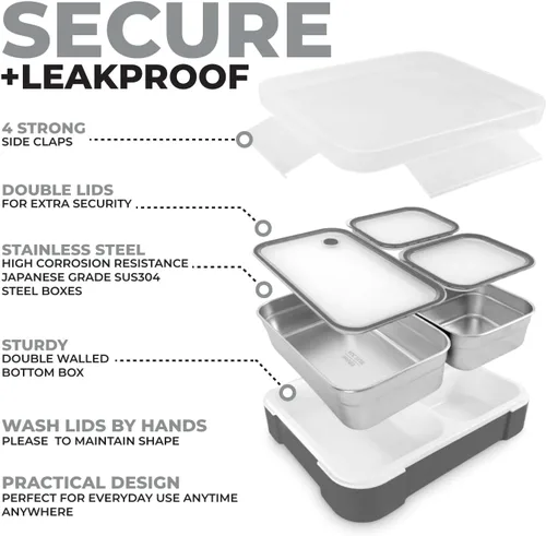 Miniatura 5 de Juego de Lonchera Bento de Acero Inoxidable para Adultos, Niños - Bolsa Aislante y Paquete de Hielo - Compartimento de Metal a Prueba de Fugas