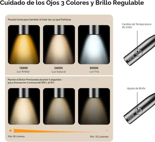 Miniatura 2 de Gritin - Luz de Lectura para el Cuello LED, Luz de Libro para Leer en la Cama - Cuidado de los Ojos, 3 Colores, Brillo Ajustable, Brazos Flexibles