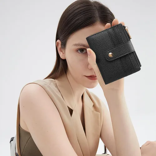 Miniatura 6 de GOIACII - Cartera pequeña para mujer de cuero genuino con bloqueo RFID, bolsillo con cremallera, plegable, tarjetero con ventana
