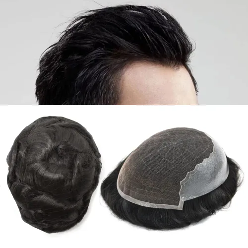 Miniatura 149 de Toupee - Sistemas de reemplazo de cabello para hombre, encaje frontal suizo, nudo blanqueado, pieza de cabello humano natural 1# negro azabache, 8 x