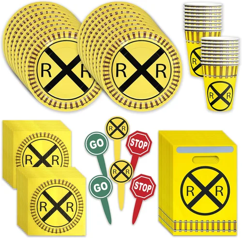 Miniatura 7 de Havercamp 88 platos de ferrocarril y decoraciones de fiesta para 16 platos de 9 pulgadas, servilletas, tazas de 12 onzas, bolsas de botín, palillos