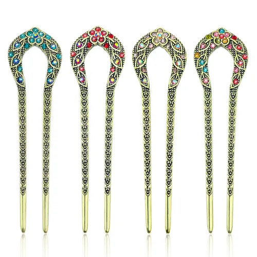 4 horquillas de pelo francés, horquillas de metal en forma de U, horquillas vintage de doble punta con cristal de diamantes de imitación, accesorios