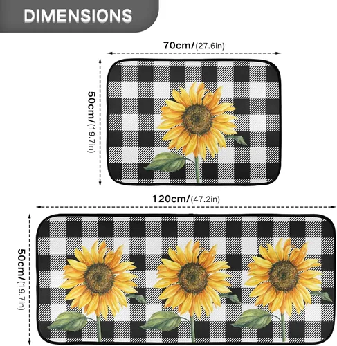 Miniatura 2 de Alfombras de cocina con girasoles para cocina, 2 piezas de búfalo a cuadros, girasol, antifatiga, alfombra antideslizante para piso, alfombra