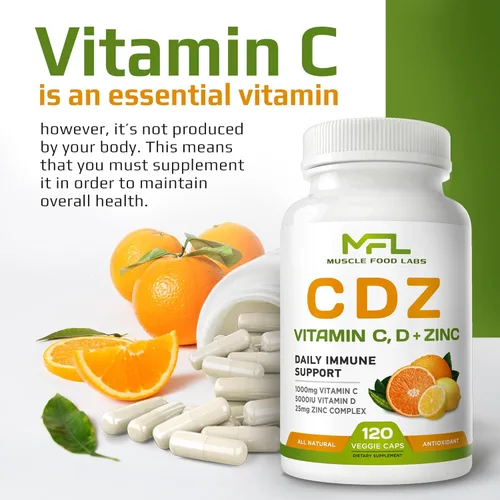 Miniatura 4 de C D Z Vitamina C, 1000 mg Vitamina D3, 125 mcg Zinc, 25 mg Sin OMG y sin gluten 120 cápsulas vegetarianas 120 porciones