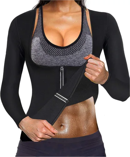 Gotoly Mujer cintura entrenador caliente neopreno camisa sauna traje sudor cuerpo moldeador chaqueta superior cremallera manga larga