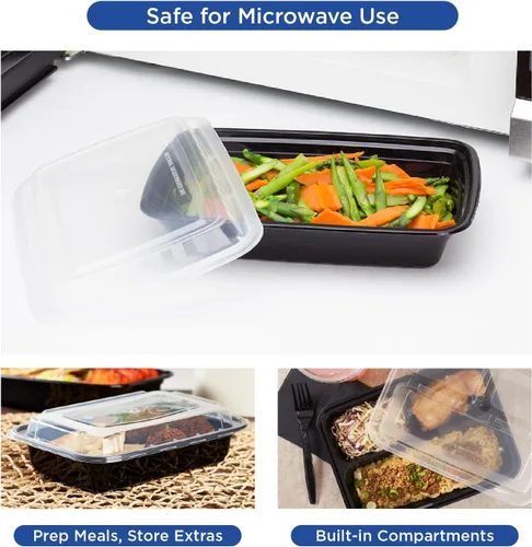 Miniatura 5 de Karat Contenedores de preparación de comidas [30 oz - 150 unidades] 2 compartimentos, contenedores reutilizables y desechables para llevar con tapas