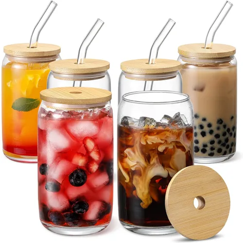 Miniatura 9 de [Juego de 12 piezas] Vasos de vidrio con tapas de bambú y popote de vidrio, vasos para beber en forma de cerveza, vasos de café helado de 16 onzas