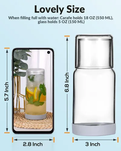 Miniatura 6 de Juego de jarra de agua y vaso para mesita de noche, jarra de agua nocturna con vaso, dispensador de enjuague bucal de vidrio transparente para baño