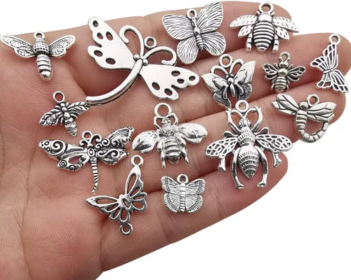 Miniatura 2 de Sailanzi 3.53 oz (80-84 piezas) Suministros de artesanía de plata antigua mezclada mariposa libélula, abeja, insectos para hacer joyas