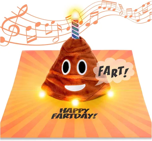 Tarjeta de cumpleaños desplegable de felpa pedos, ilumina y reproduce una versión divertida de la música "Happy Birthday", divertidas tarjetas de