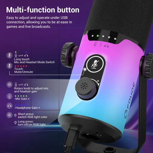 Miniatura 5 de FDUCE Juego de micrófono dinámico para juegos, micrófono de computadora USB/XLR para podcast con soporte de brazo extensible, luz RGB, botón