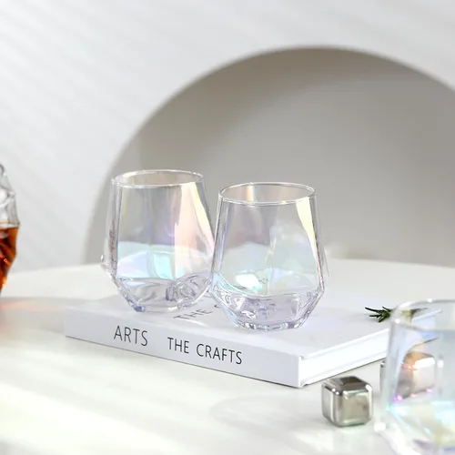 Miniatura 5 de BACLIFE Juego de 6 copas de vino sin tallo sopladas a mano, copas de vino tinto de cristal de 10 onzas, vasos de bebida iridiscentes de primera