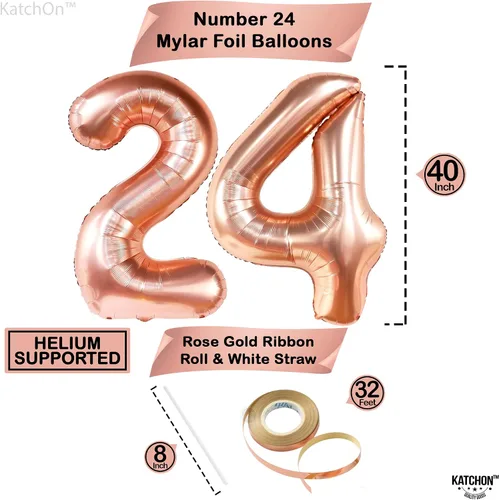Miniatura 4 de KatchOn, Globos de oro rosa con el número 24, 40 pulgadas, globos de cumpleaños 24 para mujer, globos del número 24 con globos de confeti