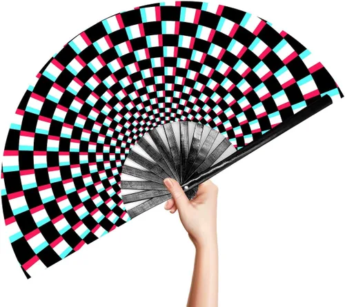 Miniatura 24 de OMyTea Ventilador de mano plegable grande Rave Clack para hombres y mujeres, ventilador de mano de bambú chino japonés - para EDM, festival de Aurora