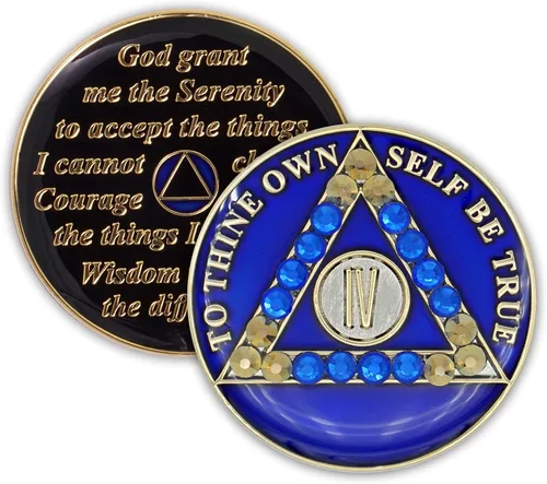 Miniatura 15 de Moneda de sobriedad de 10 años Ficha de aniversario de recuperación de medallón de chip AA cristalizado azul con oración de serenidad