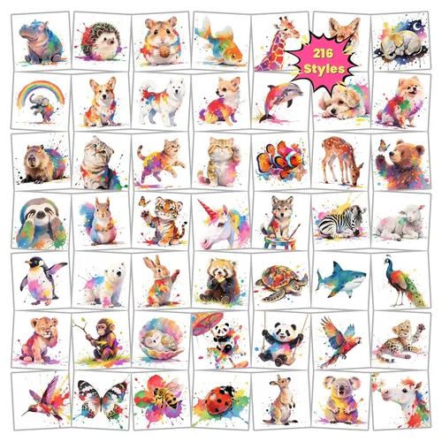 Juego de tatuajes temporales de animales de acuarela de 216 piezas (36 hojas) para niños, calcomanías de animales lindos para niñas, niños, cuerpo,