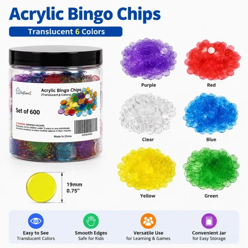 Miniatura 3 de 600 chips Bingbo de 3/4 pulgadas, 6 chips de conteo de colores vibrantes Acrílico translúcido, tarro portátil, juegos educativos, actividades