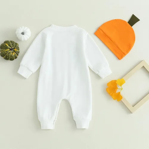 Miniatura 3 de Ynibbim Mameluco de Halloween para bebé niño con estampado de calabaza a cuadros de manga larga y gorro conjunto para bebé