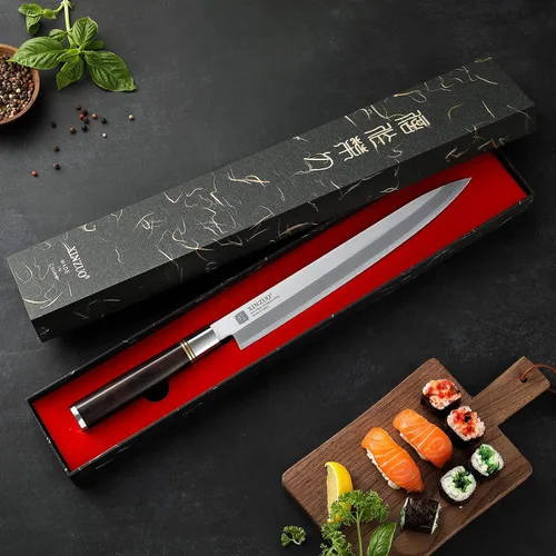 Miniatura 9 de XINZUO Cuchillo Yanagiba de 11 pulgadas X7Cr17MoV de acero forjado, cuchillo de sushi para sashimi, hoja de un solo filo, cuchillo de chef
