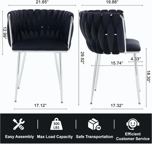 Miniatura 3 de Juego de 2 sillas de comedor de terciopelo, sillas laterales tapizadas tejidas con patas de metal negro, sillas decorativas modernas, sillas