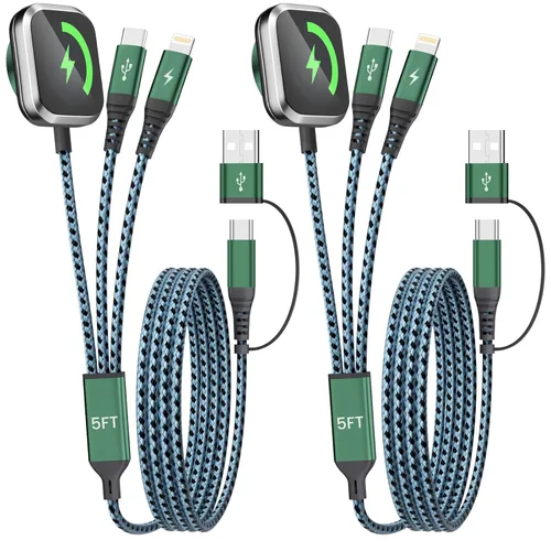 Miniatura 17 de Cable de Carga Múltiple para Cargador de Apple Watch, 4 en 1 Cable Cargador de Teléfono USB A/C con Doble Tipo-C/IP, Cable Magnético iWatch de Nylon