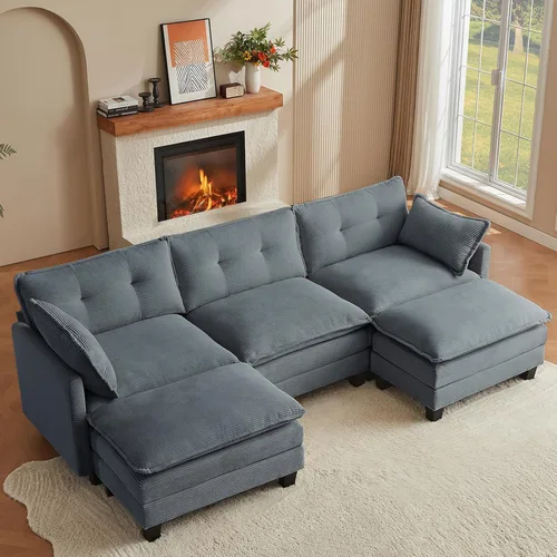 Amsleekey Sofá Seccional Modular, Sofá Seccional de Pana en Forma de U de 111.5" Cómodo para Sala de Estar, Sofás Seccionales de Nube de 3 Plazas