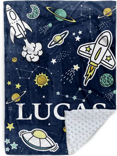 Manta de bebé personalizada para niños, manta de bebé personalizada con nombre, franela suave con respaldo de puntos de doble capa, manta de Rocket