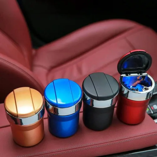 Miniatura 7 de Cenicero de automóvil con tapa, cenicero portátil para automóvil, bandeja de cenizas sin humo de acero inoxidable con luz LED, cenicero automotriz