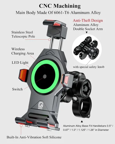 Miniatura 3 de BRCOVAN Soporte de teléfono para motocicleta con cargador inalámbrico Qi de 15 W y amortiguador de vibraciones, antirrobo, antivibración, ajustable